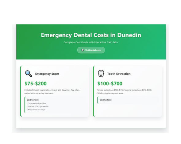Emergency dental costs infographic showing Dunedin pricing: exams $75-200, extractions $100-700, root canals $600-1600 - CDA Dental
