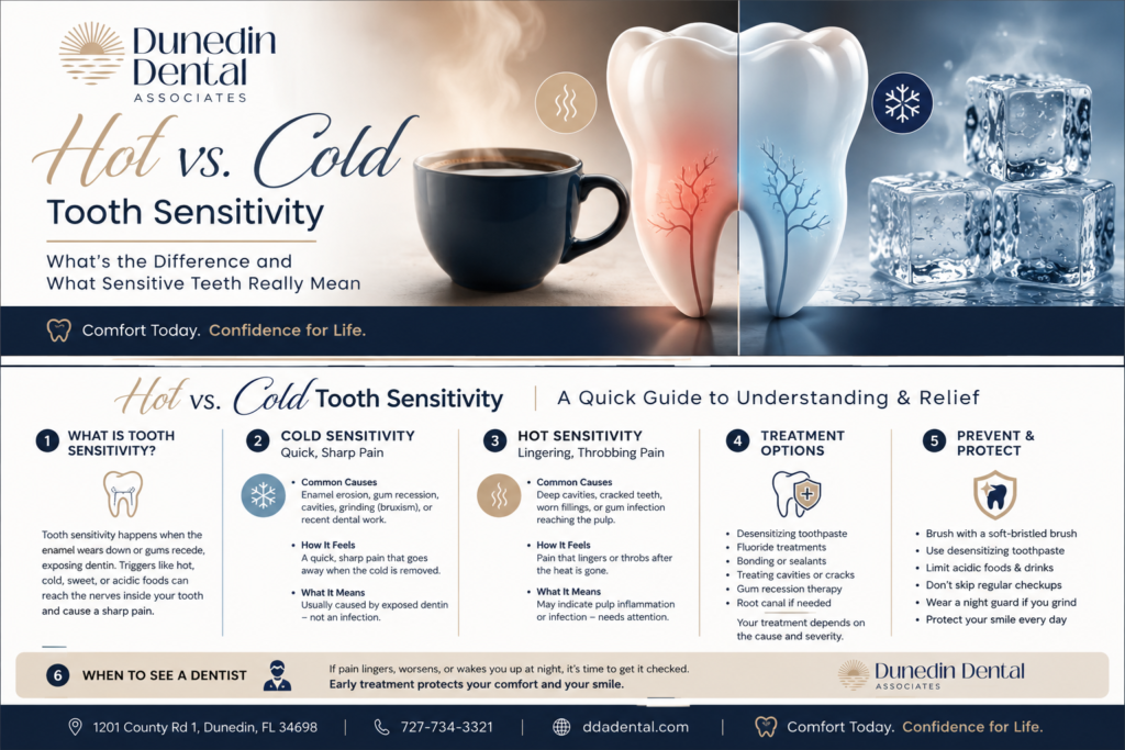 DDA Dental infographic comparing hot vs. cold tooth sensitivity, including causes, symptoms, treatment options, prevention tips, and when to see a dentist.