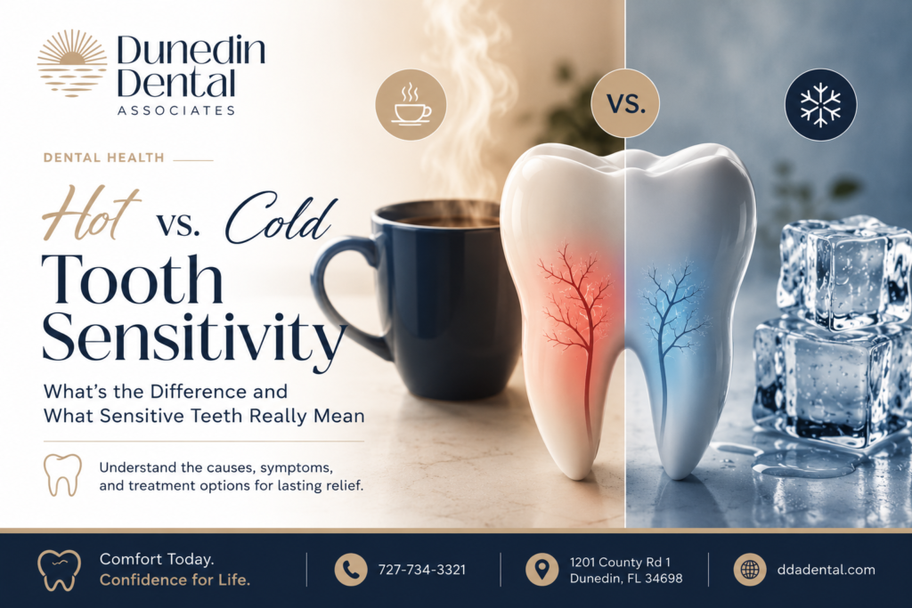 Split tooth graphic showing hot coffee and ice cubes to explain the difference between hot and cold tooth sensitivity.