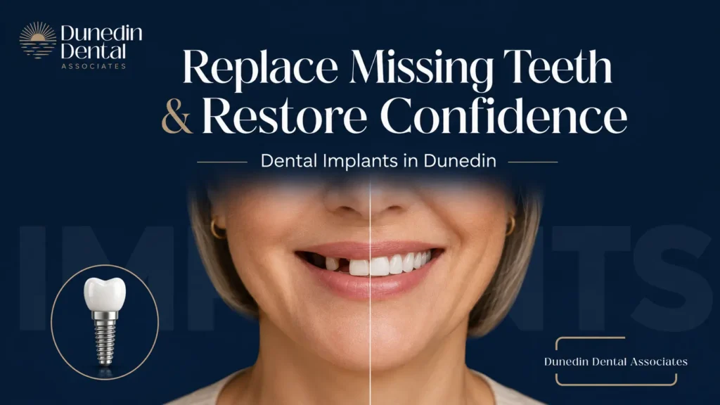 Before-and-after smile showing a missing tooth restored with a dental implant at Dunedin Dental Associates in Dunedin, FL.