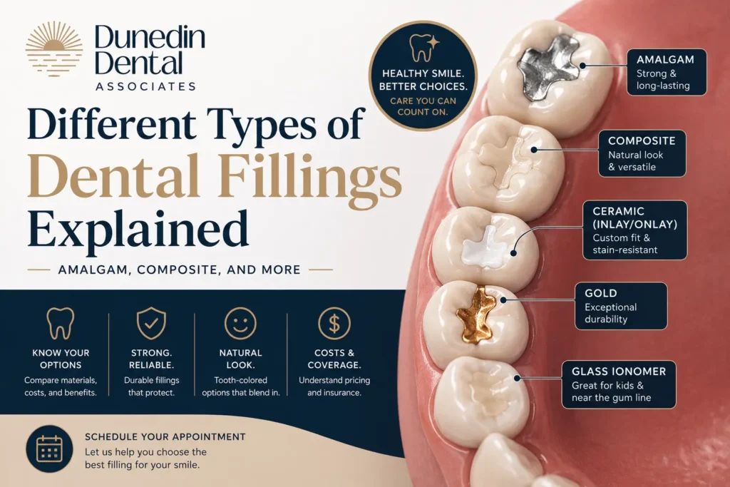 See the different types of dental fillings, including amalgam and composite, and what type of filling your dentist may recommend for your tooth and cavity.