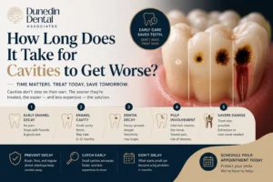 How long it takes for cavities to get worse infographic showing stages of tooth decay and early cavity treatment by Dunedin Dental Associates.