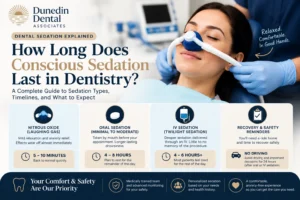 1. Dental sedation infographic comparing nitrous oxide, oral sedation, and IV sedation recovery times at Dunedin Dental Associates.
