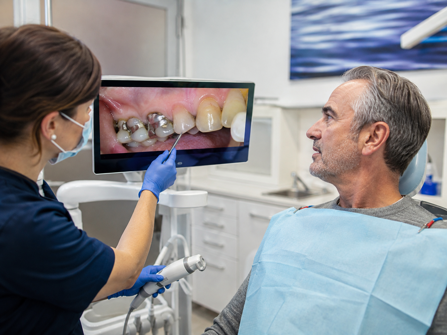 Dental professional reviewing cavity risk and gum recession with an adult patient during a preventive evaluation