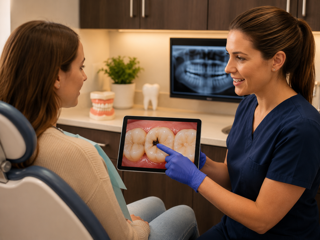 Dental professional showing a patient a cavity on a molar during a preventive dental consultation