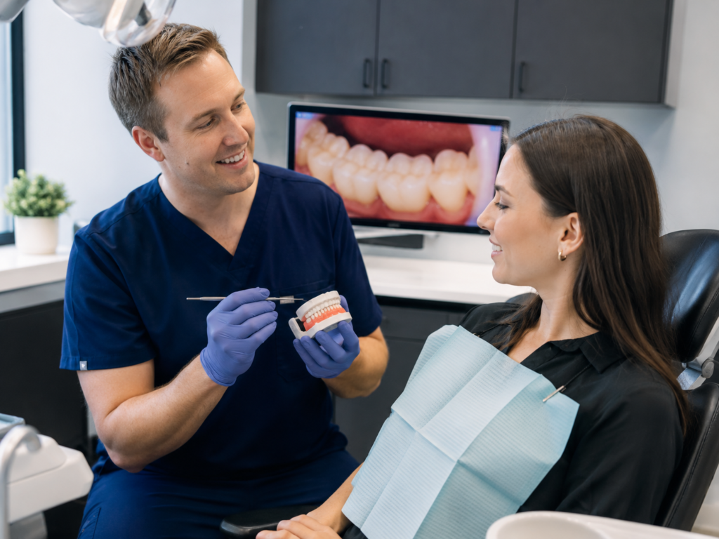 Dentist discussing cavity prevention and tooth decay risk with a patient during a dental consultation