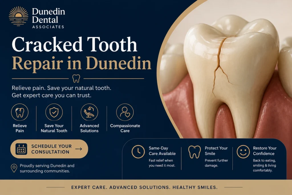 Cracked tooth repair in Dunedin, FL at Dunedin Dental Associates, showing a cracked tooth and dental treatment options to relieve pain and protect the natural tooth.