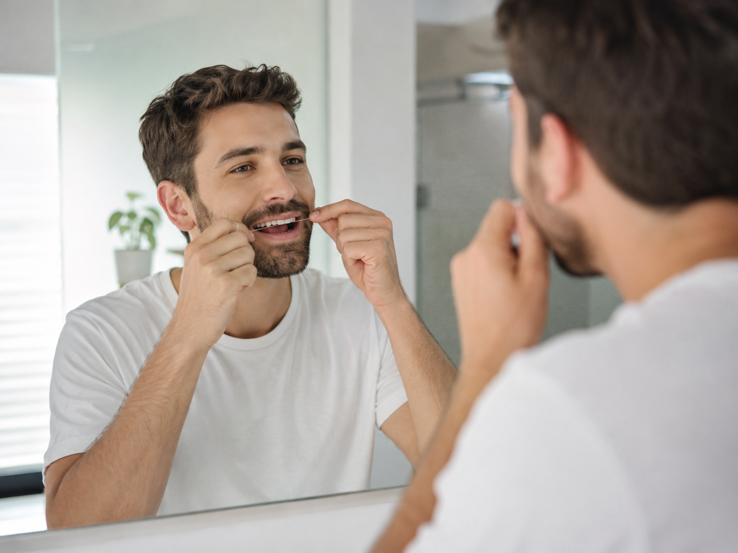 Man flossing between his teeth as part of a daily cavity prevention and oral hygiene routine