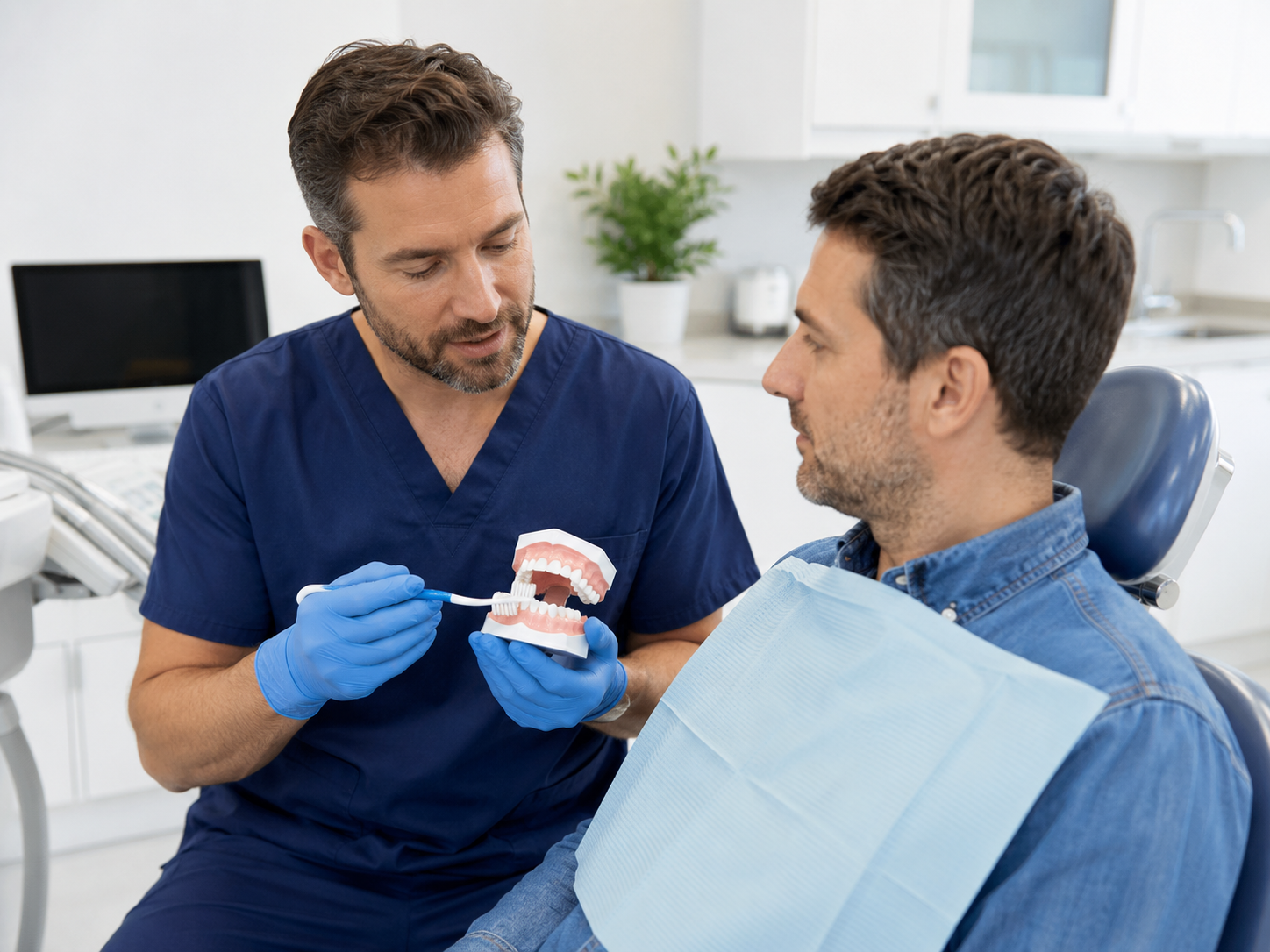 Dentist showing a patient proper brushing technique using a dental model during a preventive care visit