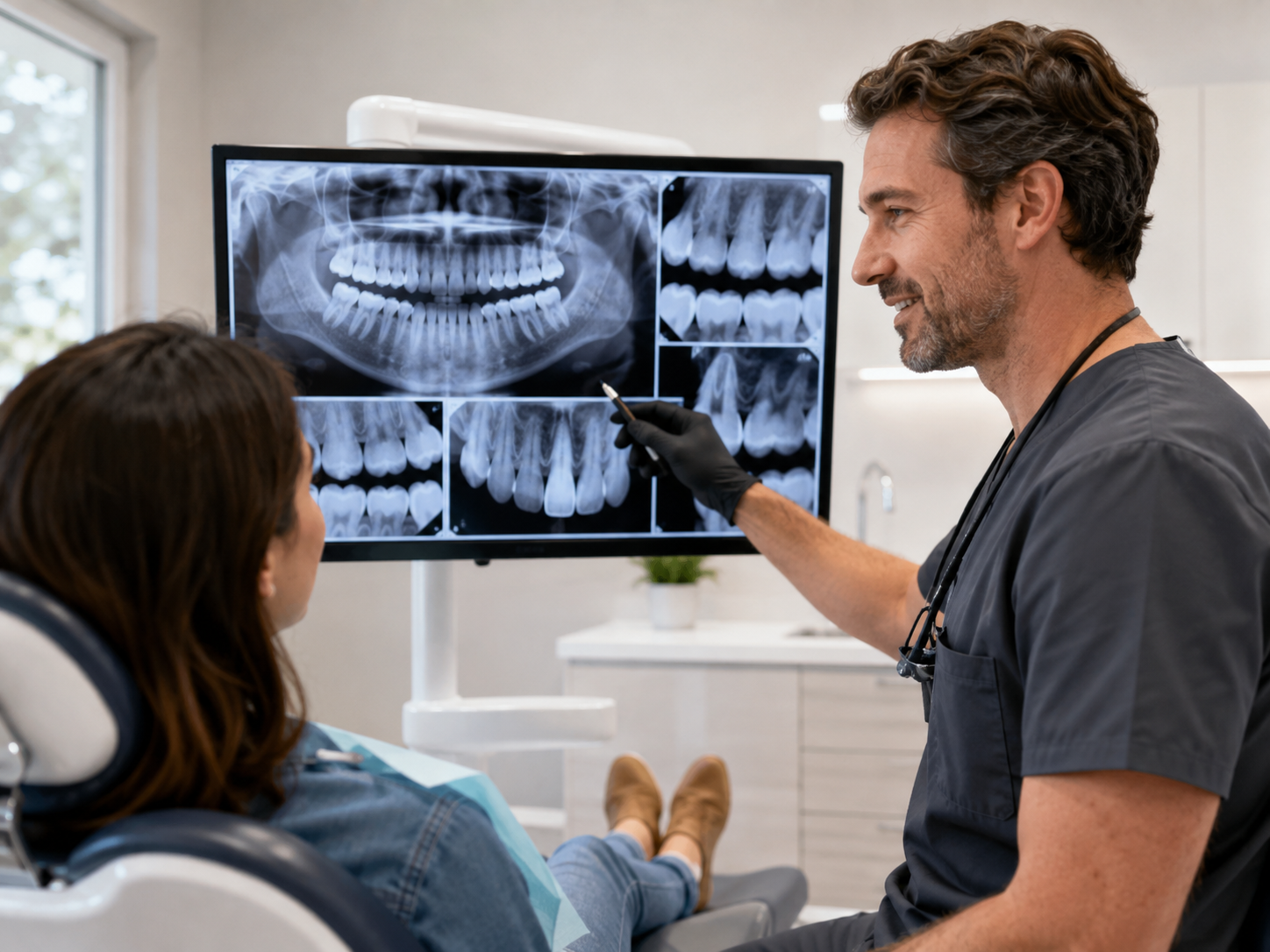 Dentist reviewing digital dental X-rays with a patient on a chairside monitor