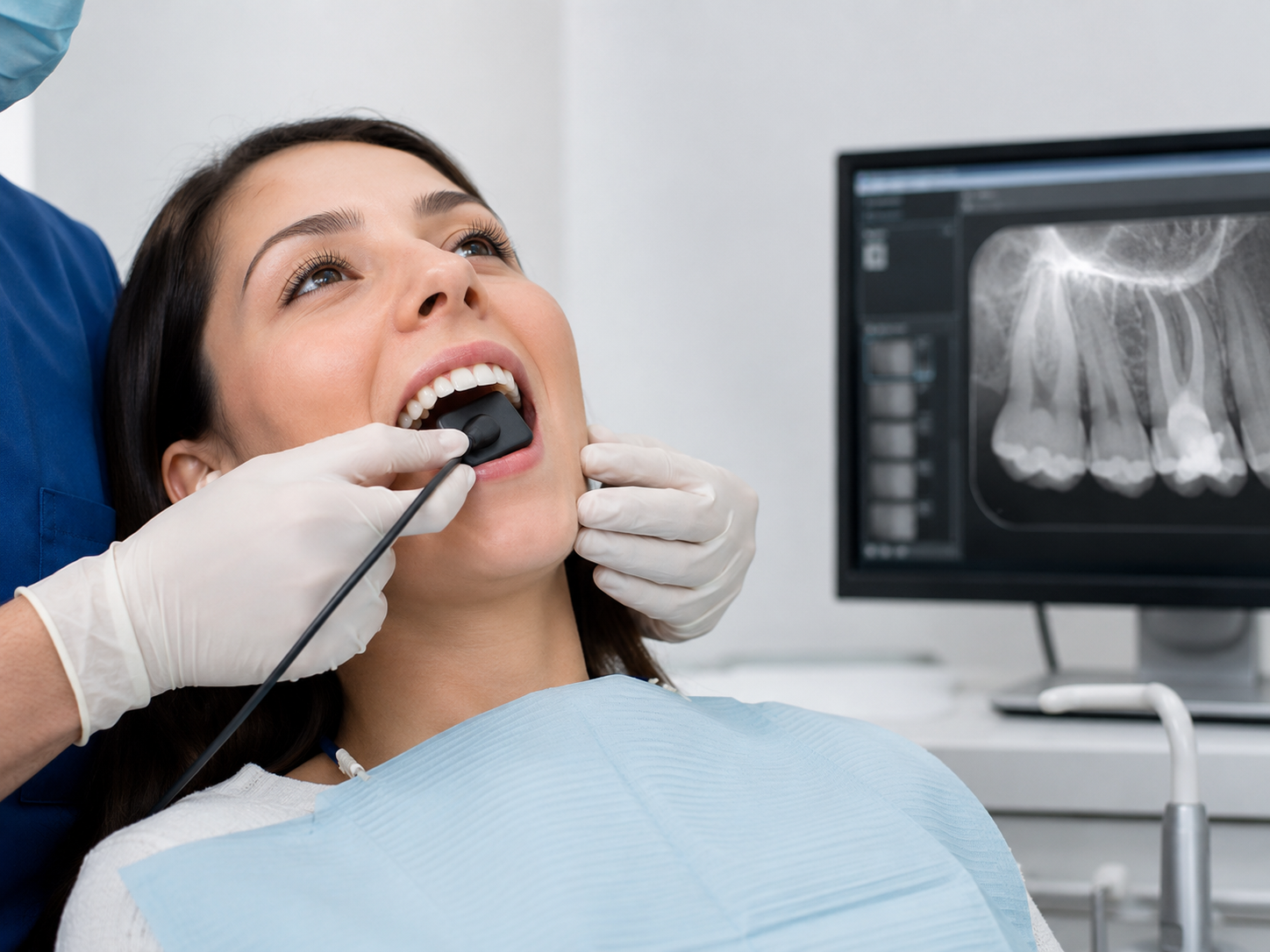 Patient receiving a digital dental X-ray with an electronic sensor during a dental exam