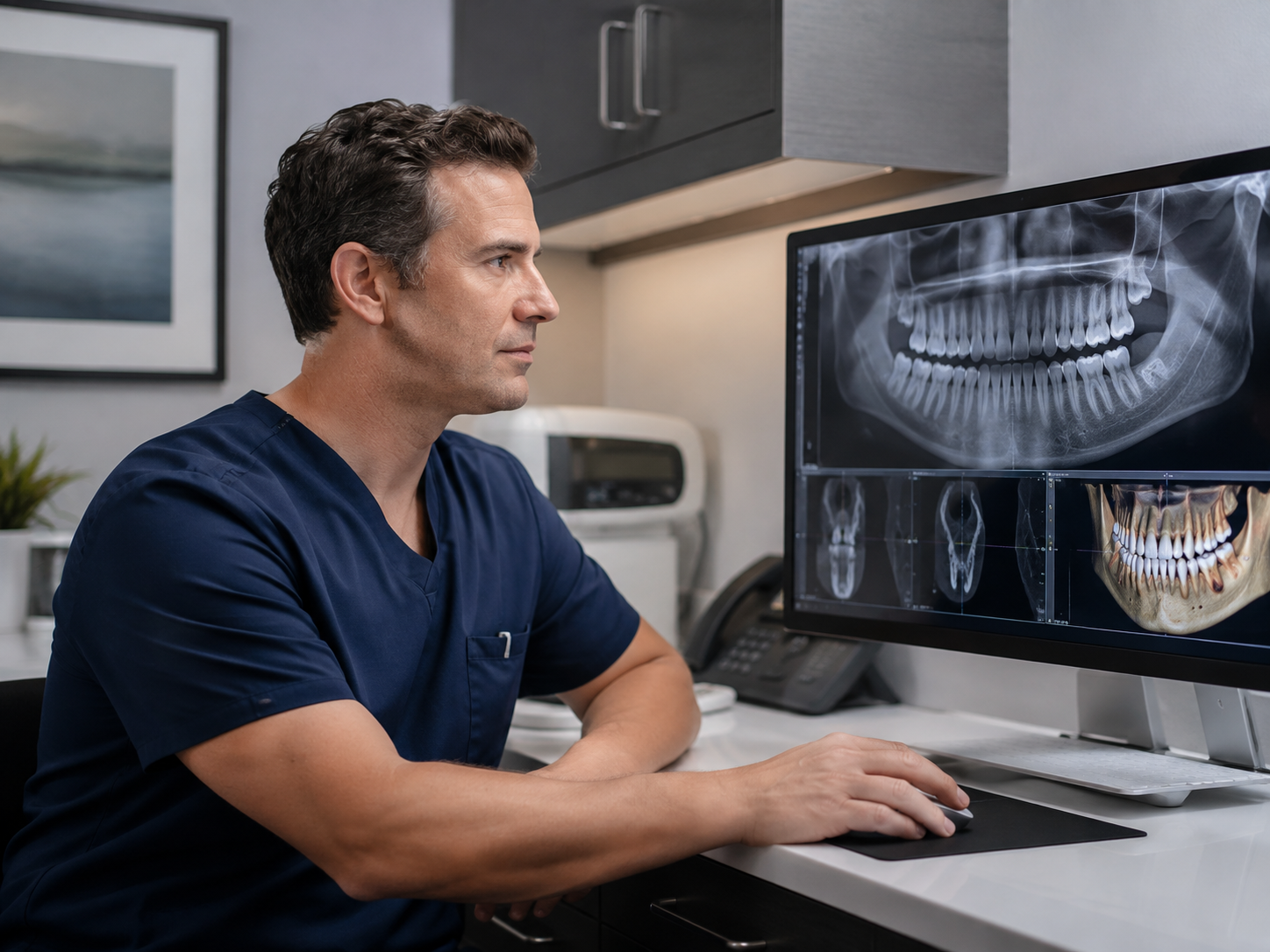 Dentist reviewing digital dental X-rays on a computer monitor during a dental exam