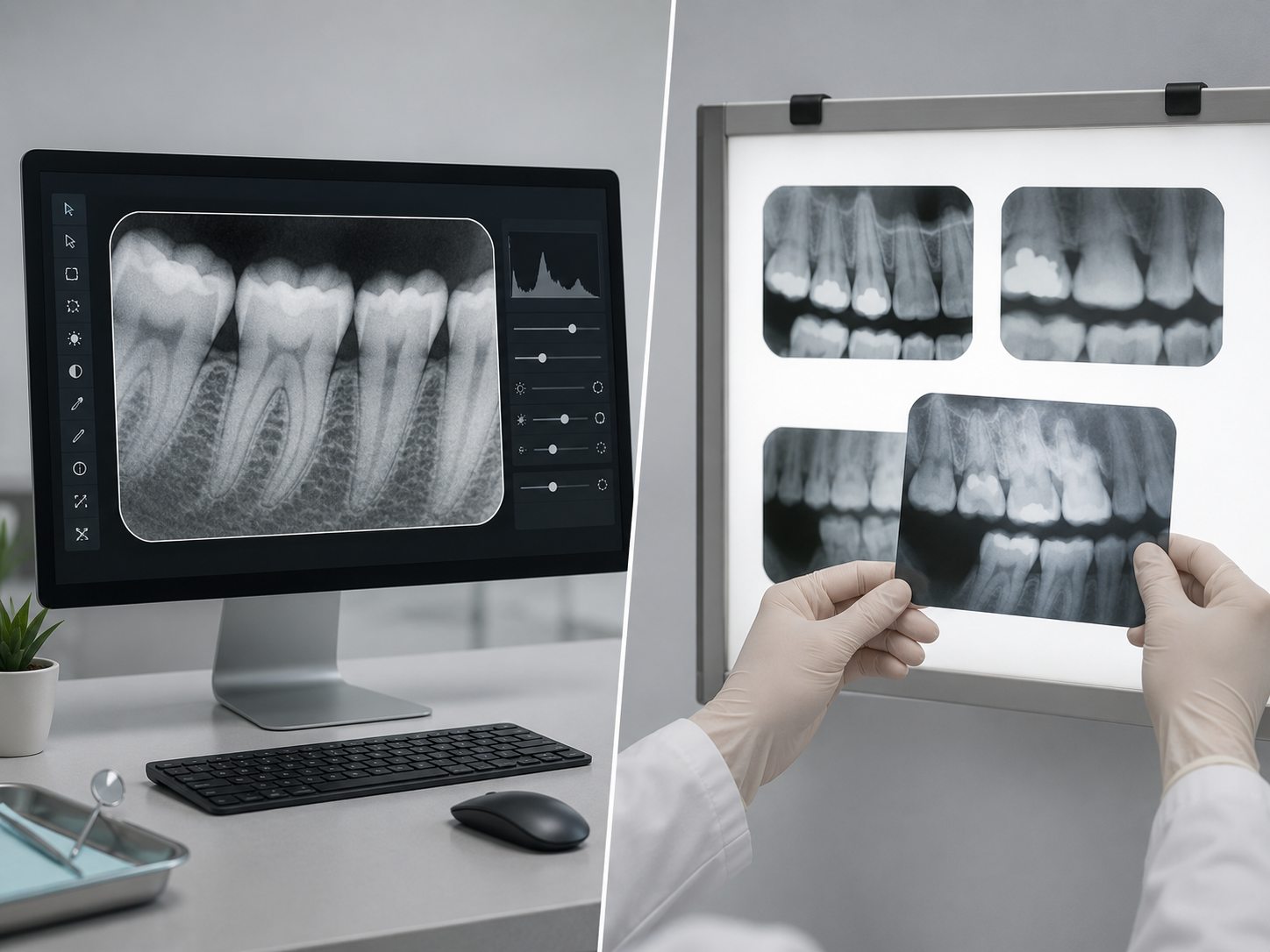 Side-by-side comparison of digital dental X-rays on a computer and traditional film X-rays on a light box