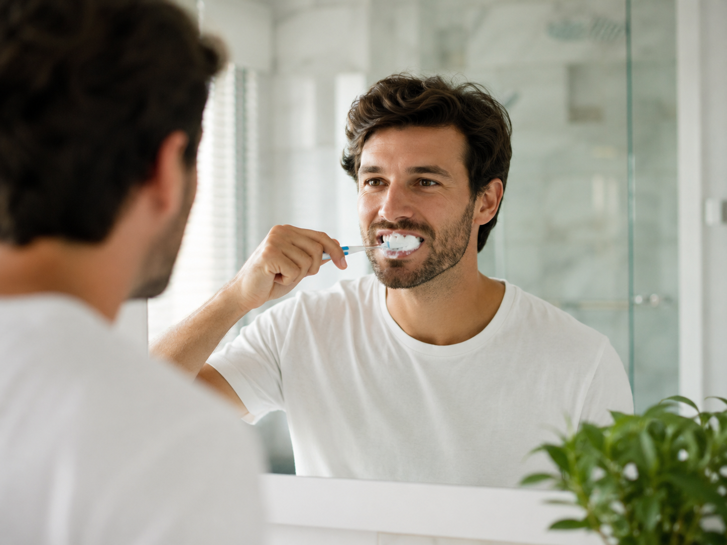 Man brushing his teeth with fluoride toothpaste as part of a daily cavity prevention routine