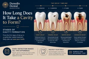 How long does it take a cavity to form infographic showing the stages of cavity formation from early enamel decay to advanced tooth decay by Dunedin Dental Associates.