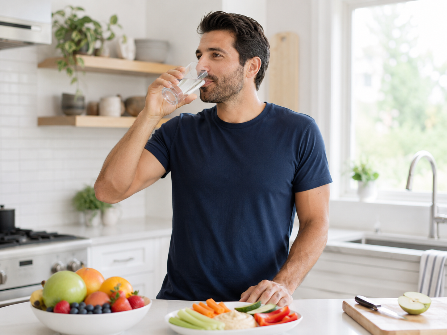Man drinking water with healthy foods nearby to support oral health and reduce cavity risk
