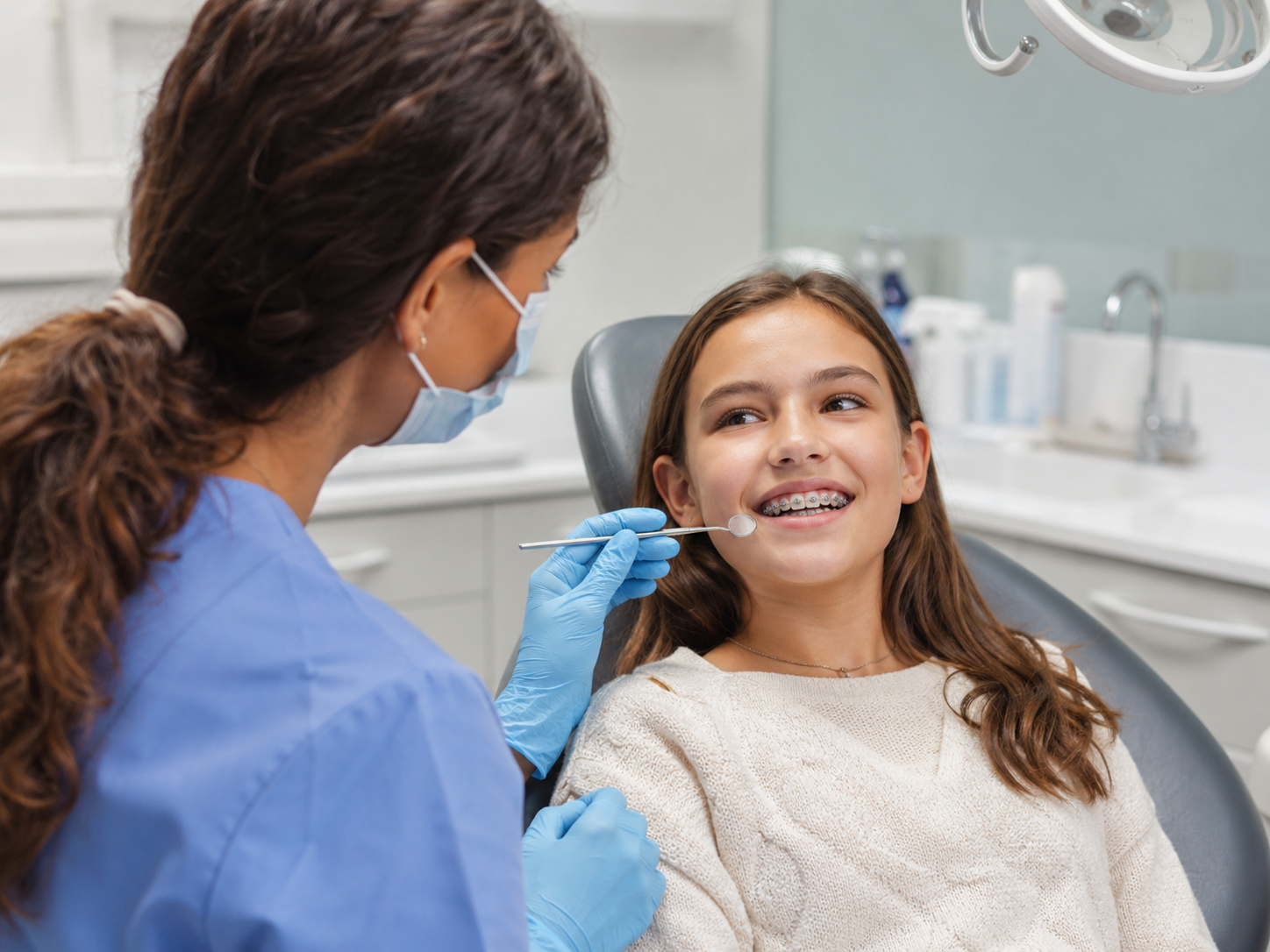 Child with braces receiving a preventive dental checkup to help reduce cavity risk during orthodontic treatment