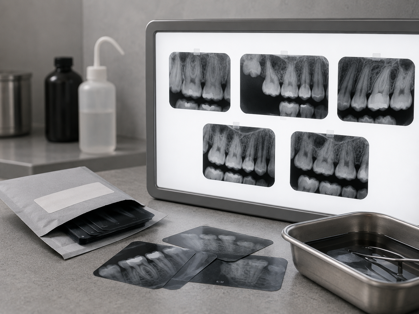 Traditional dental X-ray films displayed on a light box with physical film packets nearby