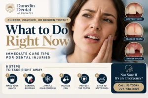 Chipped, cracked, or broken tooth infographic showing immediate dental injury care steps and when to seek emergency dental treatment.
