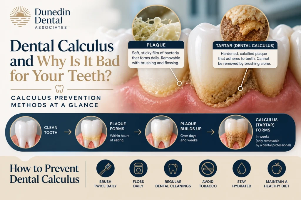 Dental calculus infographic showing plaque turning into tartar and prevention methods including brushing, flossing, and professional dental cleanings.