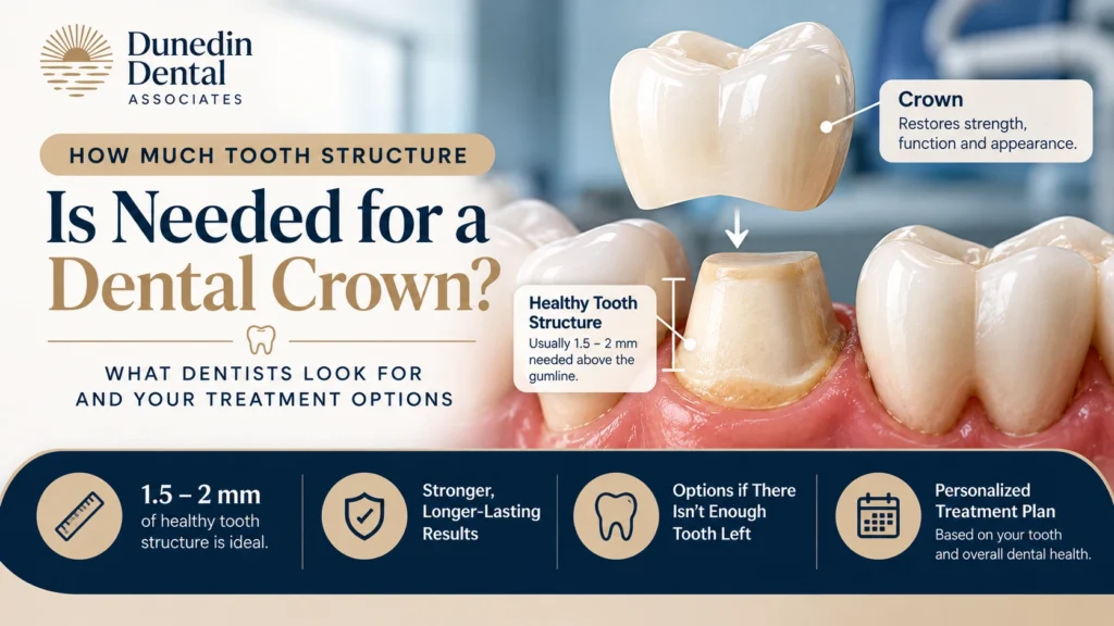 Dental crown diagram showing the amount of healthy tooth structure needed to support a crown and treatment options when additional tooth structure is needed.